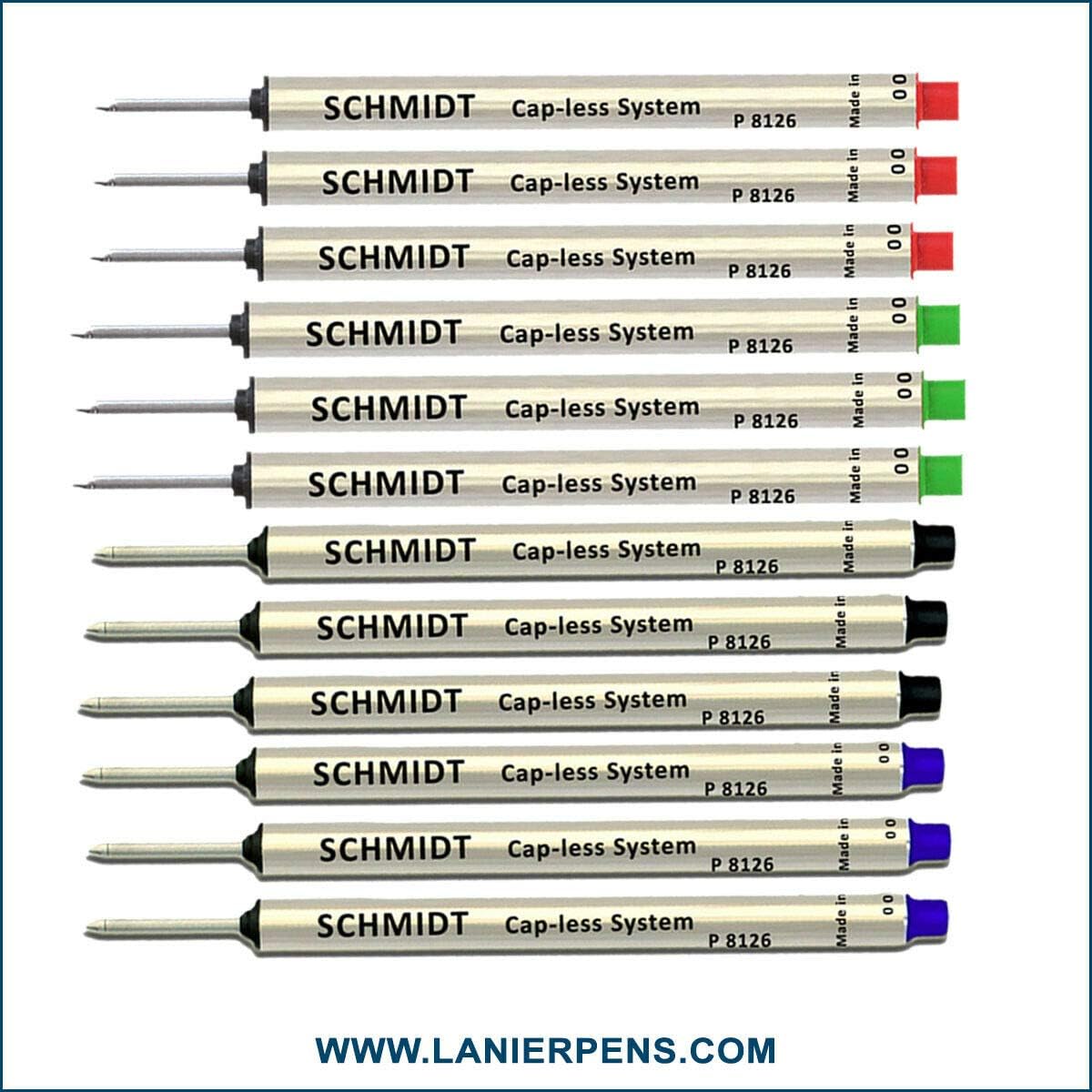 Pack of 12 - Schmidt P8126 Capless System Rollerball Refill Green/Red/Black/Blue Fine Tip