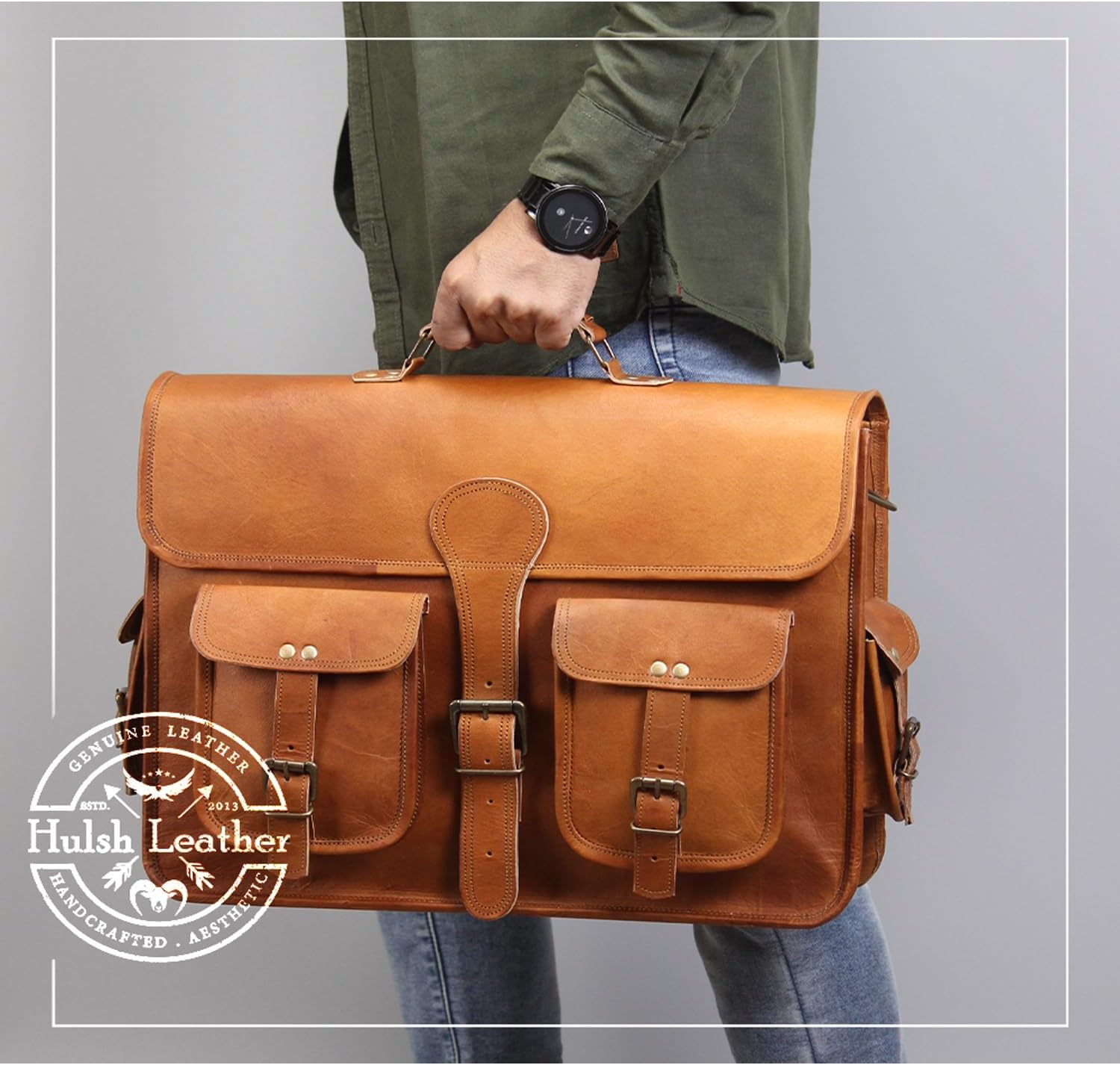 18 Inch Genuine Leather Vintage Messenger Bag - Briefcase Style for Men - Image 2