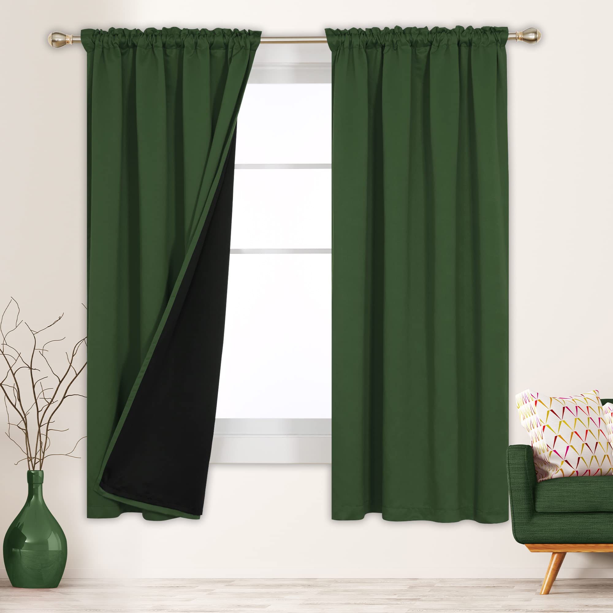 Deconovo 72 Curtains Blackout 100% Room Darkening, Solid Window Drapes Double Layer, Total Blackout Curtain Soundproof Thermal Panel for Bedroom(Green, 52W x 72L Inch, 2 Panels)