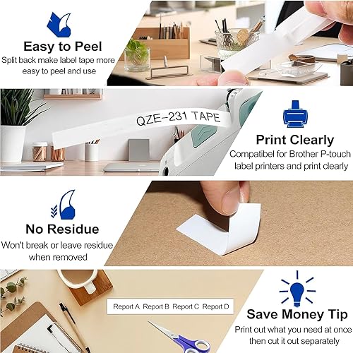 Miniatura 3 de Paquete de 5 cartuchos Ptouch compatibles con cinta de etiquetas Brother TZ de 0.472 in, 0.47 ½ pulgadas, 0.47 x 26.2 pies, laminado TZE 231