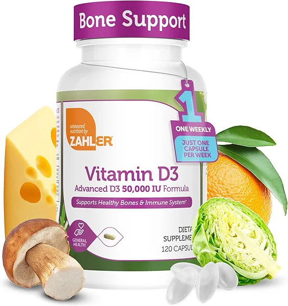 Zahler - Advanced Vitamin D3 50000 IU capsules (120 Count) Kosher Vegetarian Friendly Vitamin D for Immune Support, Bone, Teeth & Muscle Health - Weekly D3 Vitamin Supplement- Easy Swallow Vitamin D3.