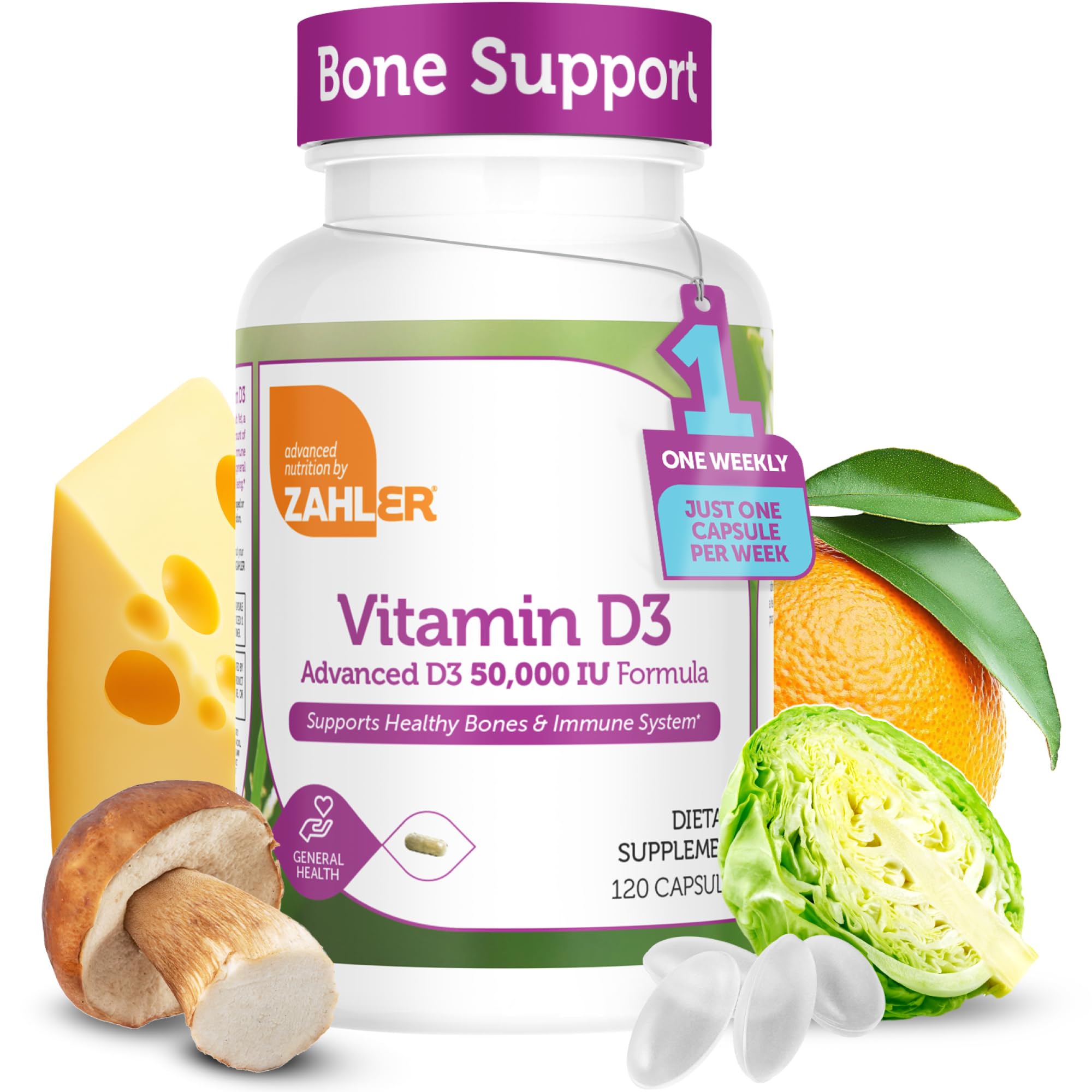 Zahler - Advanced Vitamin D3 50000 IU capsules (120 Count) Kosher Vegetarian Friendly Vitamin D for Immune Support, Bone, Teeth & Muscle Health - Weekly D3 Vitamin Supplement- Easy Swallow Vitamin D3.