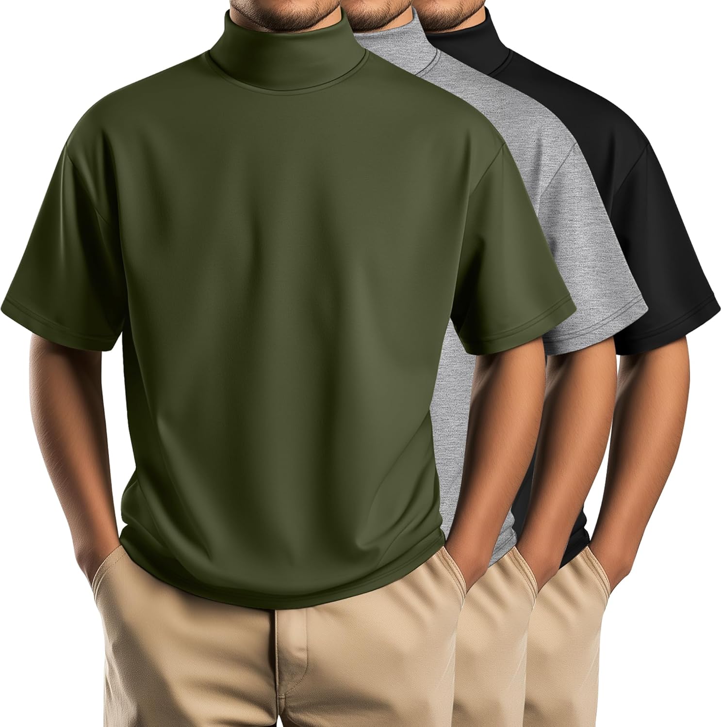 Huukeay 3 Pack Men's Big and Tall Turtleneck Shirt, Cotton Short Sleeve Mock Neck Tops Loose Fit Basic Casual Undershirt Tee