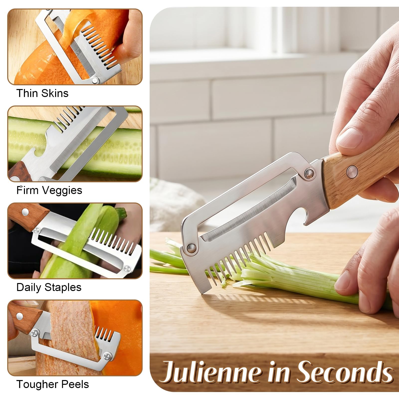 3-in-1 Multifunctional Vegetable Peeler, Upgrade Zero Snag Wooden Kitchen Tool, Stainless Steel Peeler with Wooden Handle for Shredding, Opening Bottles, Vegetables, and Fruits (2 pcs) — view 6