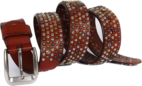 Fashion Casual Color Rivet Belt Small Mushroom Nail Diamond Cowhide Male and Female Gothic Belt Sapphire Gem,Reddish Brown,125cm/49.2