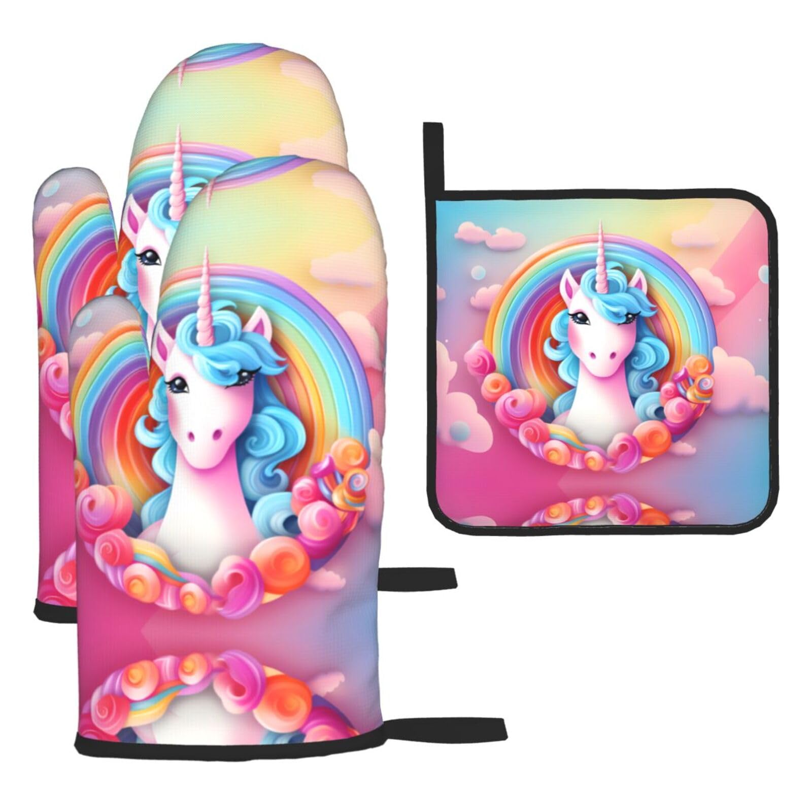 Rainbow Unicorn Printed Oven Mitt Set 3-Piece | Heat Resistant Gloves & Pot Holder Mat for Cooking, Baking & BBQ