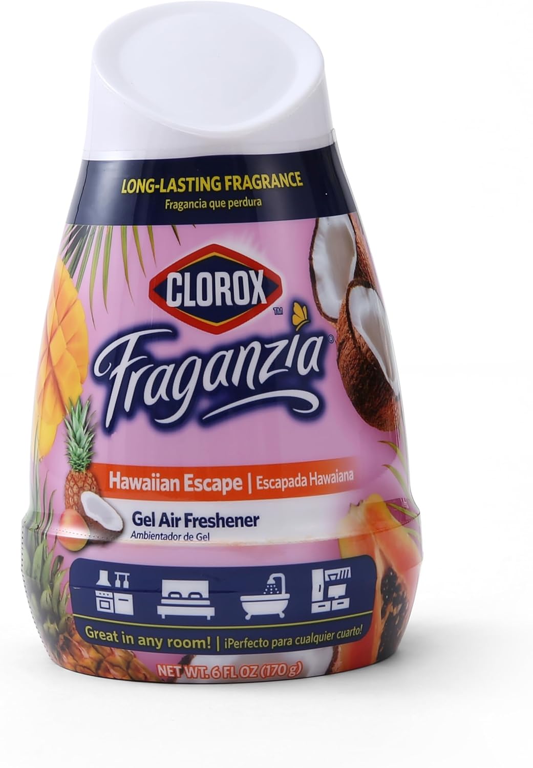 clorox fraganzia gel air freshener cone in hawaiian escape scent, 6oz | no-plug, battery-free air freshener for small rooms, closets, kitchens, bathrooms, offices and more hawaiian escape 6 fl oz (pack of 1)