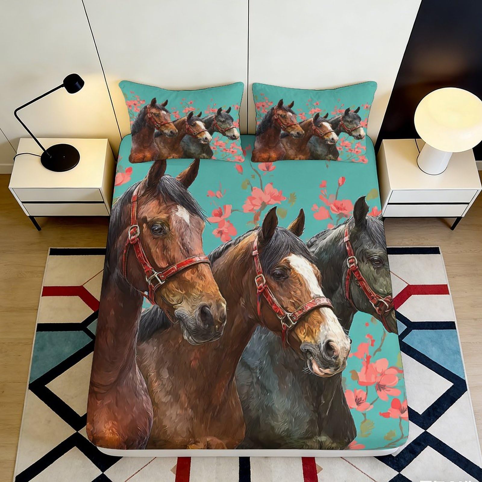 3D Printed Brown Horse Fitted Sheet Microfiber Soft Anti-Slip Floral Meadow Mattress Cover for Bedroom Guest Room 90x200x25cm