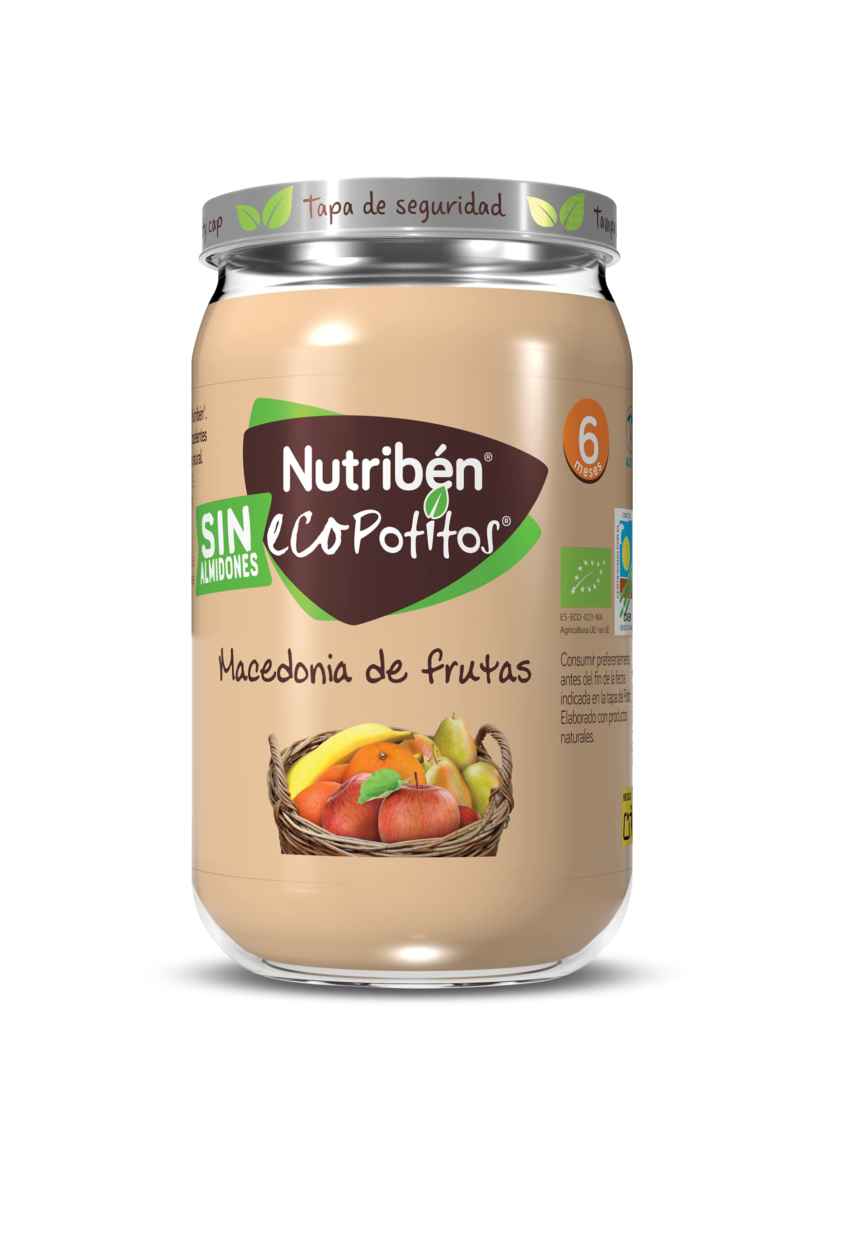 Nutribén Ecopotitos de Macedonia,100% fruta y Sin almidones - Ingredientes ecológicos- Desde los 6 meses, Pack de 6 x 190 g
