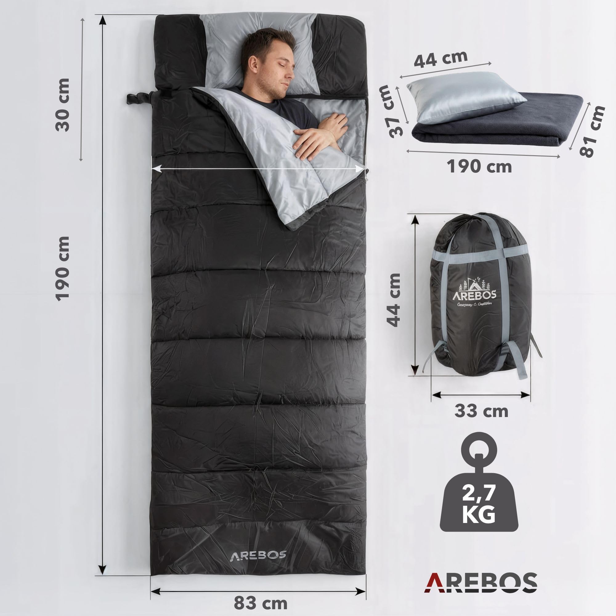 Arebos Śpiwór z Poduszką i Kocem Polarowym | 220 x 83 cm | Śpiwór Kempingowy dla Dorosłych | 0-25°C | Wodoodporny | Worek Kompresyjny