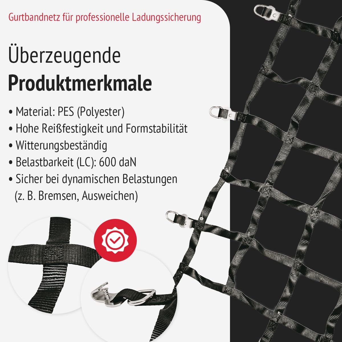 Gurtbandnetz 1775 x 1250 mm für Minivan, Anhänger und Kleintransporter | Ladungsnetz aus PES-Gurtband, schwarz, mit D-Ringen und Adaptergurten | LC: 600 daN