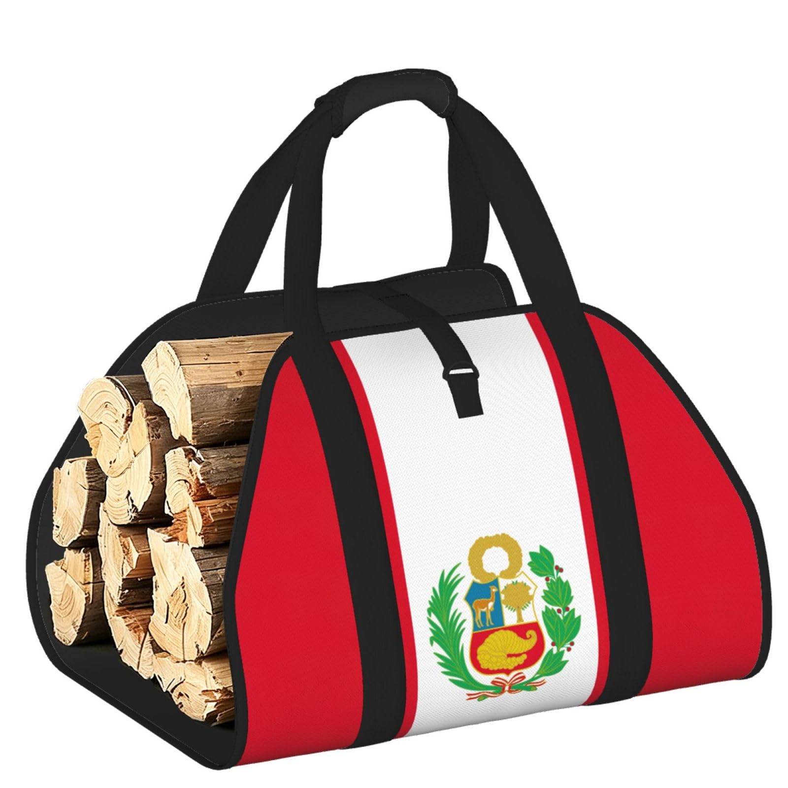 Flag of Peru Printed Firewood Log Carrier, Large Tote Bag with Reinforced Handles for Camping Fireplace Home