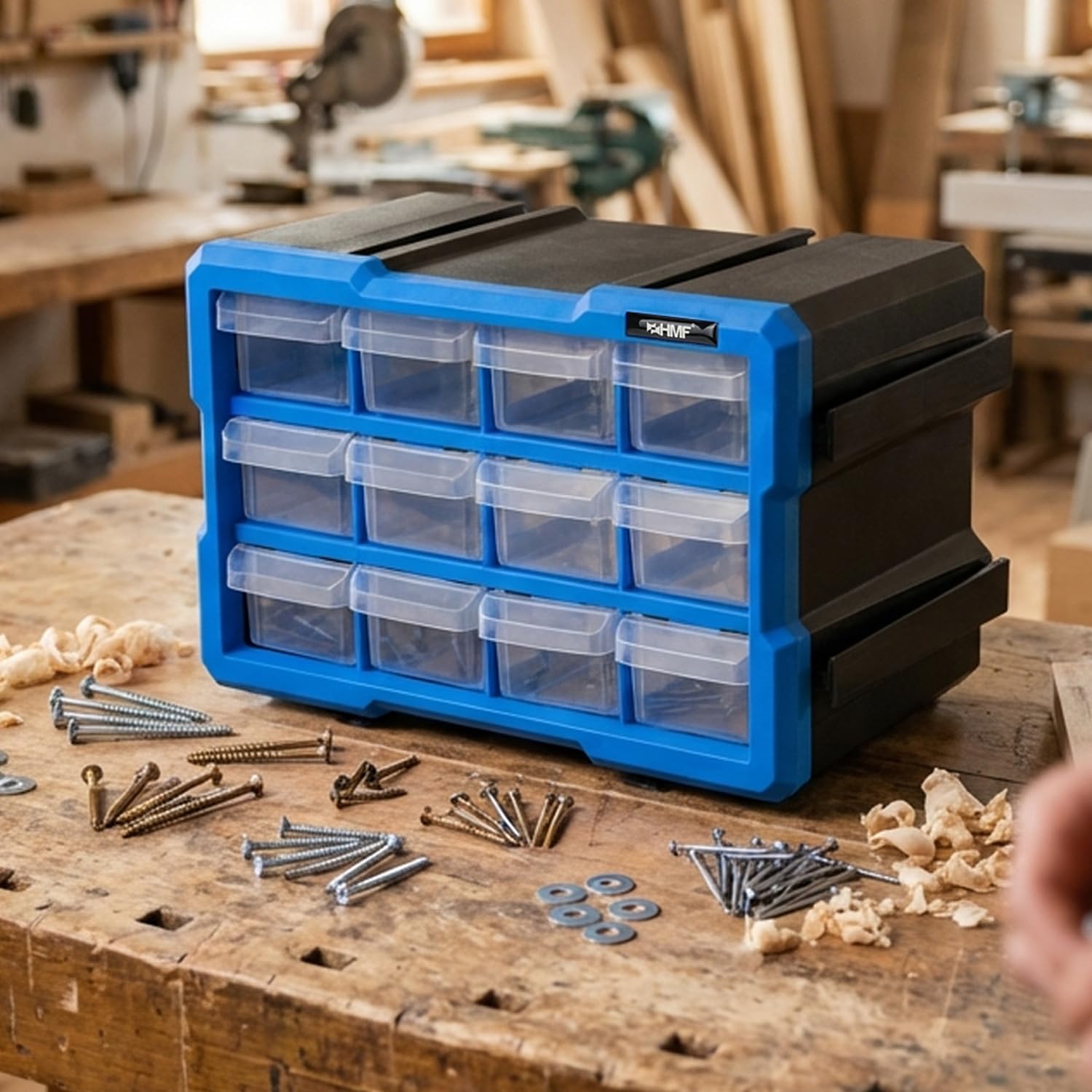 HMF Scatola organizzatrice per minuteria con 12 cassetti, cassettiera portaminuteria espandibile per viti e utensili | 24 scomparti | 29,5 x 19,5 x 16 cm | Blu-Nero