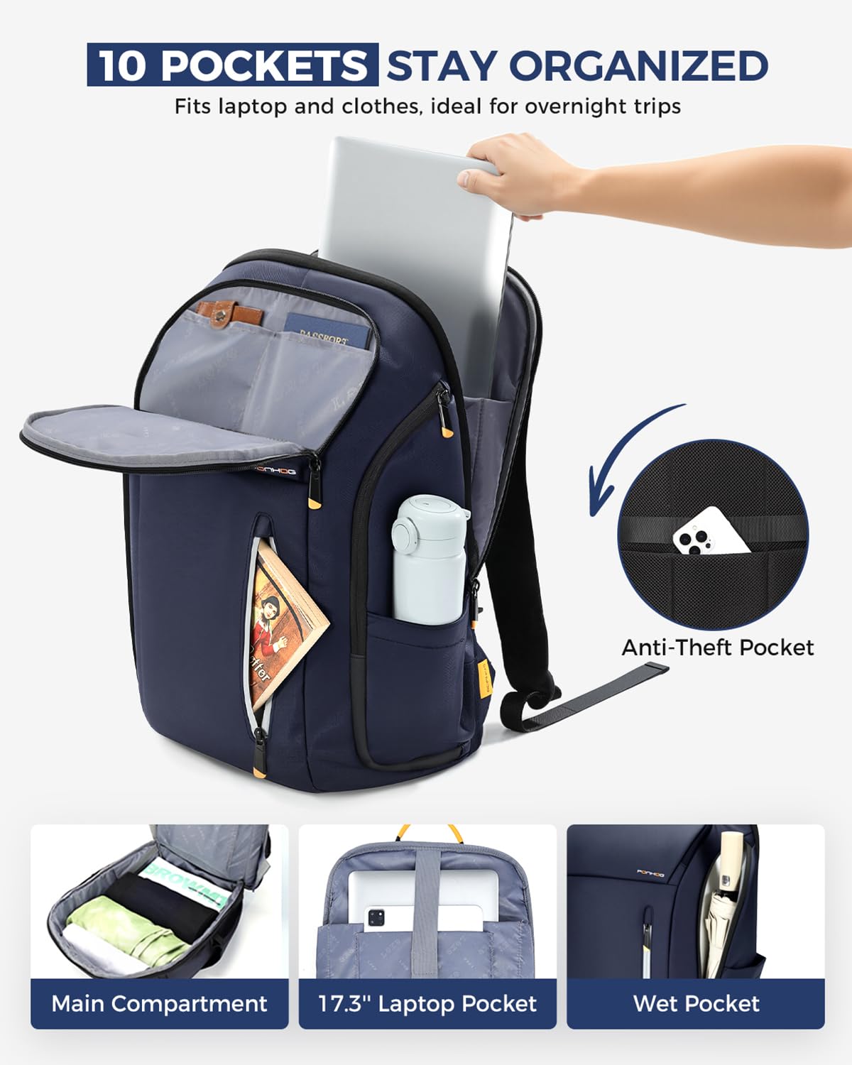 Ponhog Backpack Zaino per Laptop, Blu Scuro, 17.3inch Uomo