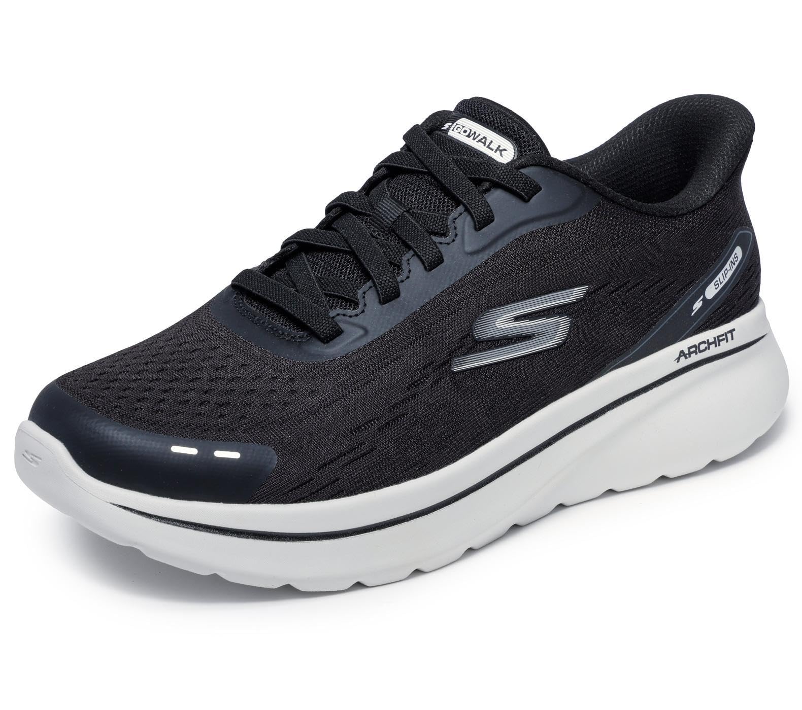 Skechers Men's Go Walk Arch Fit N-Joy Nobend Slip-in Trainers, Black Textile/White Trim, 10.5 UK