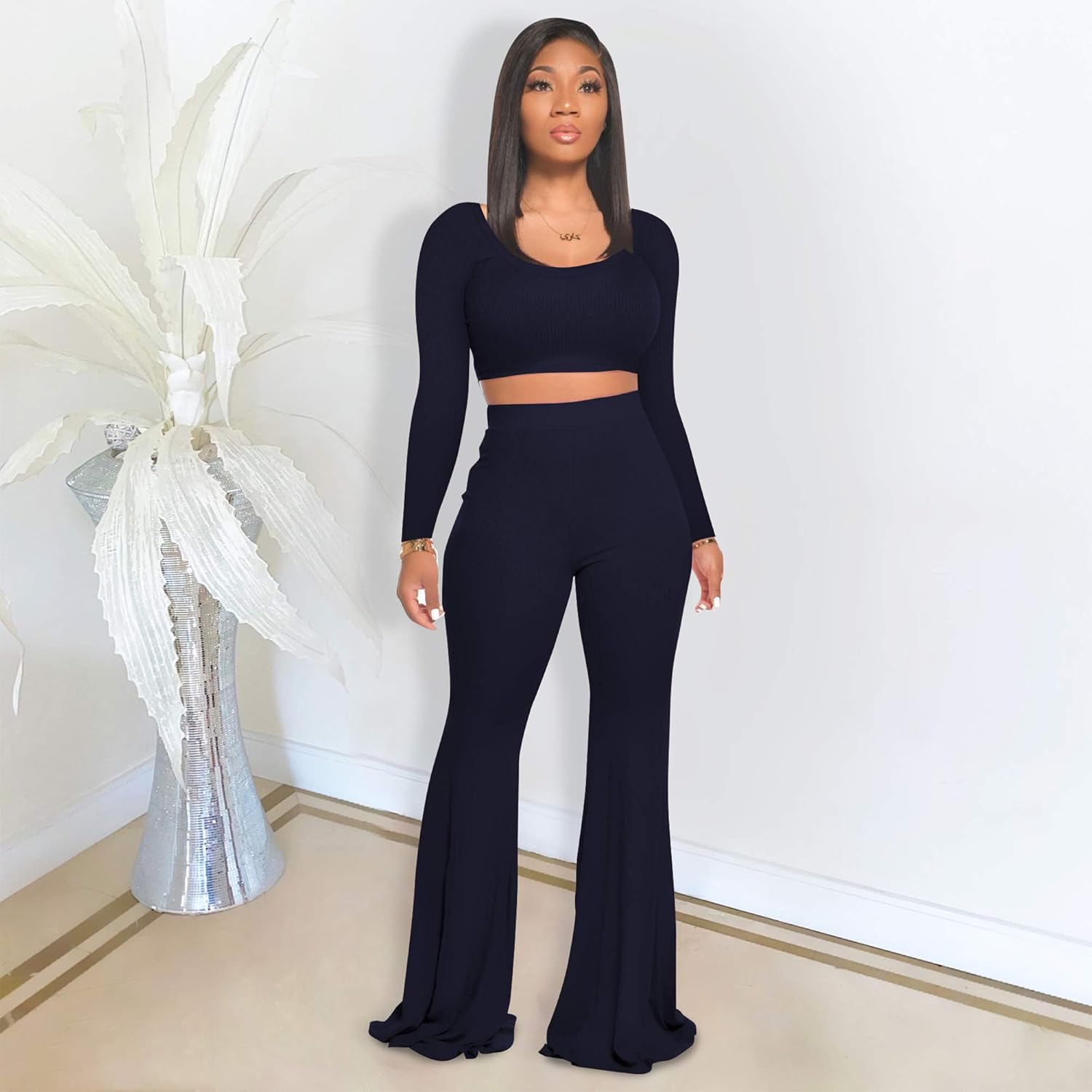 Two Piece Outfits for Women Sexy Crop Top + Flared Long Pants Sweat Suits Ribbed Fitted Tracksuits Yoga Set - Image 3