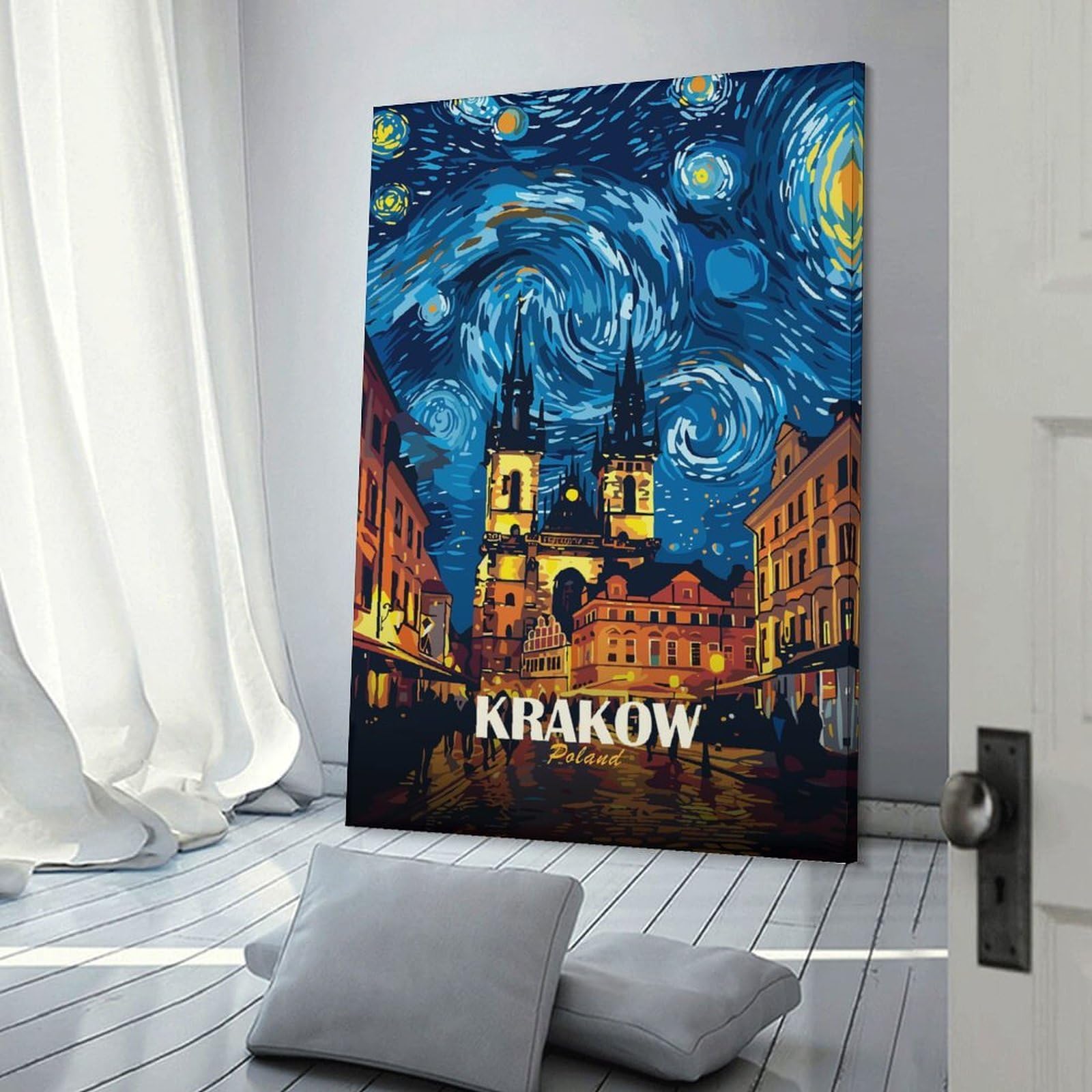 Junmoney Decorative Wall Artwork Krakow Poland Night Cityscape Art, 24x36inch(60x90cm), for Corridors, Hallways Or Apartment Entries, Wall Decor to Refresh Empty Corners