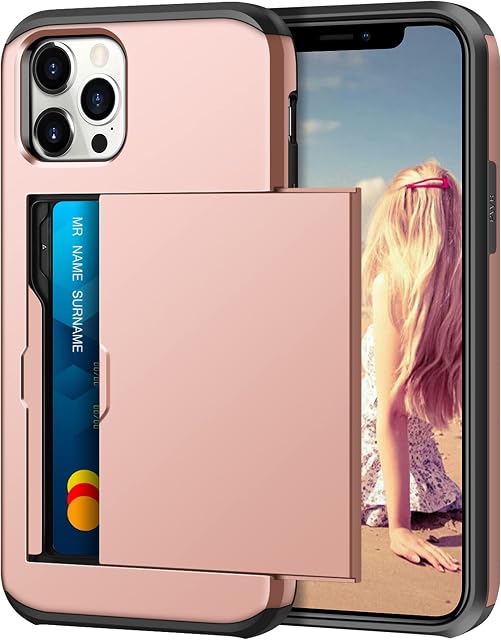 Coolden for iPhone 13 Pro Max Case Wallet Case Armor Shockproof Case Heavy Duty Protective Case Hard Back Soft TPU Bumper Card Holder Wallet Case Cover for iPhone 13 Pro Max Phone Case (Rose Gold)