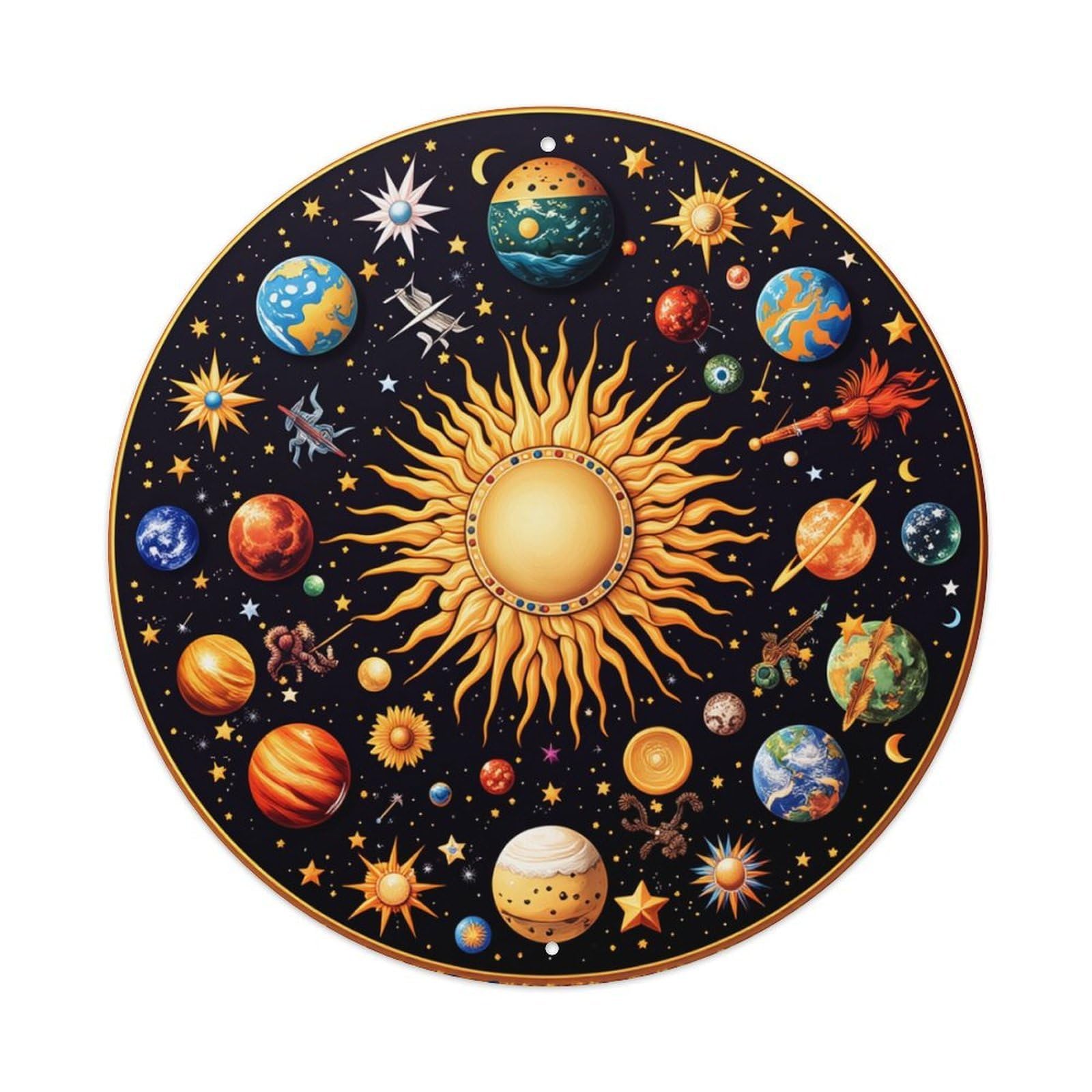 Cosmic Sun Planets Stars Space Round Tin Sign Retro Metal Sign for Cafe Bar Pub Home Game Room Gym Club Wall Decoration Vintage Metal Poster 8x8 Inch