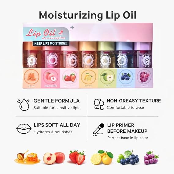 7PCS Colour Changing Lip Gloss Set,Hydrating Lip Oil Set,Pink Lip Gloss Lip Plumping Lip Glo/ss,Long Lasting Tinted Lip Gloss,Moisturising Lip Care Lip Gloss Kit for Women,Fruit-Flavored,Smooth