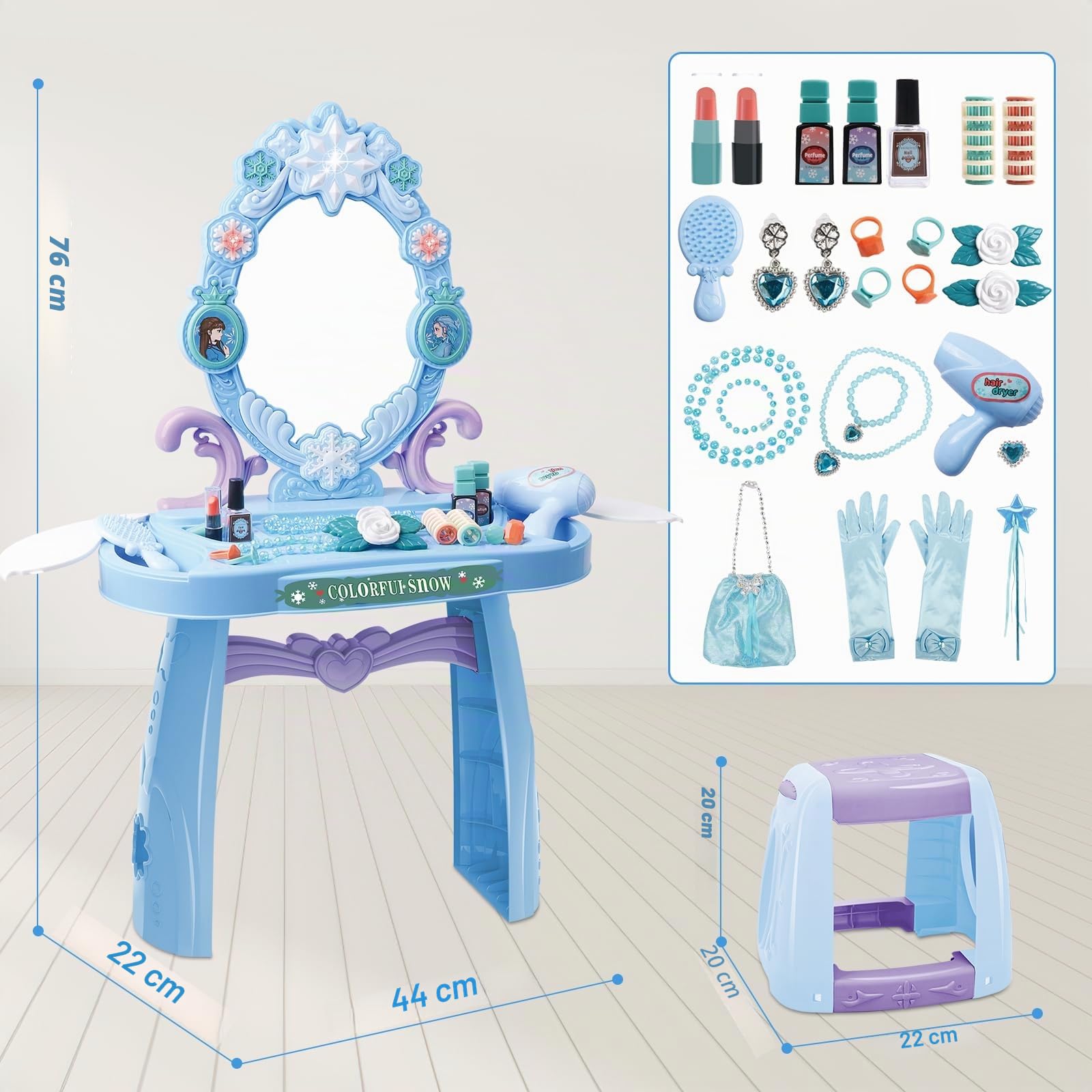 deAO Table De Maquillage pour Fille, Tabouret Et Accessoires Princesse | Coffret Maquillage Enfant Makeup Set avec Coiffeuse Accessoires, Jeu De Role Maquillage Jouets, Jouet pour Fille 3+ Ans Bleu