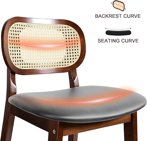 Miniatura 5 de Taburetes de bar de madera negra con respaldo de ratán tejido a mano y asiento de cuero acolchado, juego de 2, ideal para comedor, sala de estar,