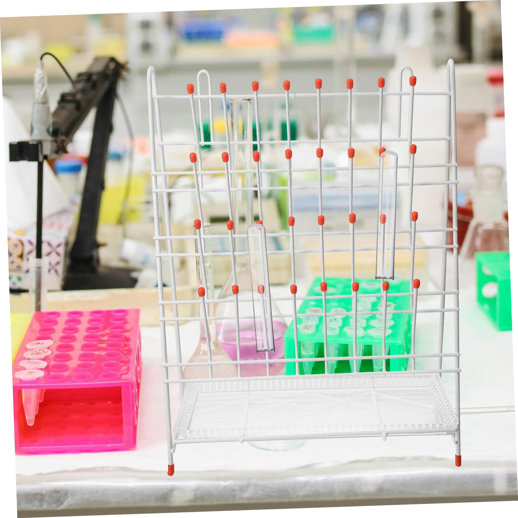 Séchoir pour Laboratoire en Fer Blanc, 32 Emplacements, Structure Stable et Solide, Seche Bouteille, Égouttoir à Verres pour Tubes à Essais