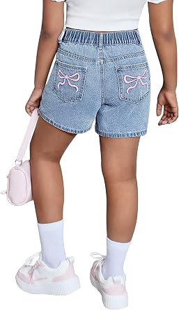 Girls Jean Shorts with Bow Embroidery High Elastic Waisted Denim Shorts Cute Y2k Summer Jorts for Tweens 7-14Y