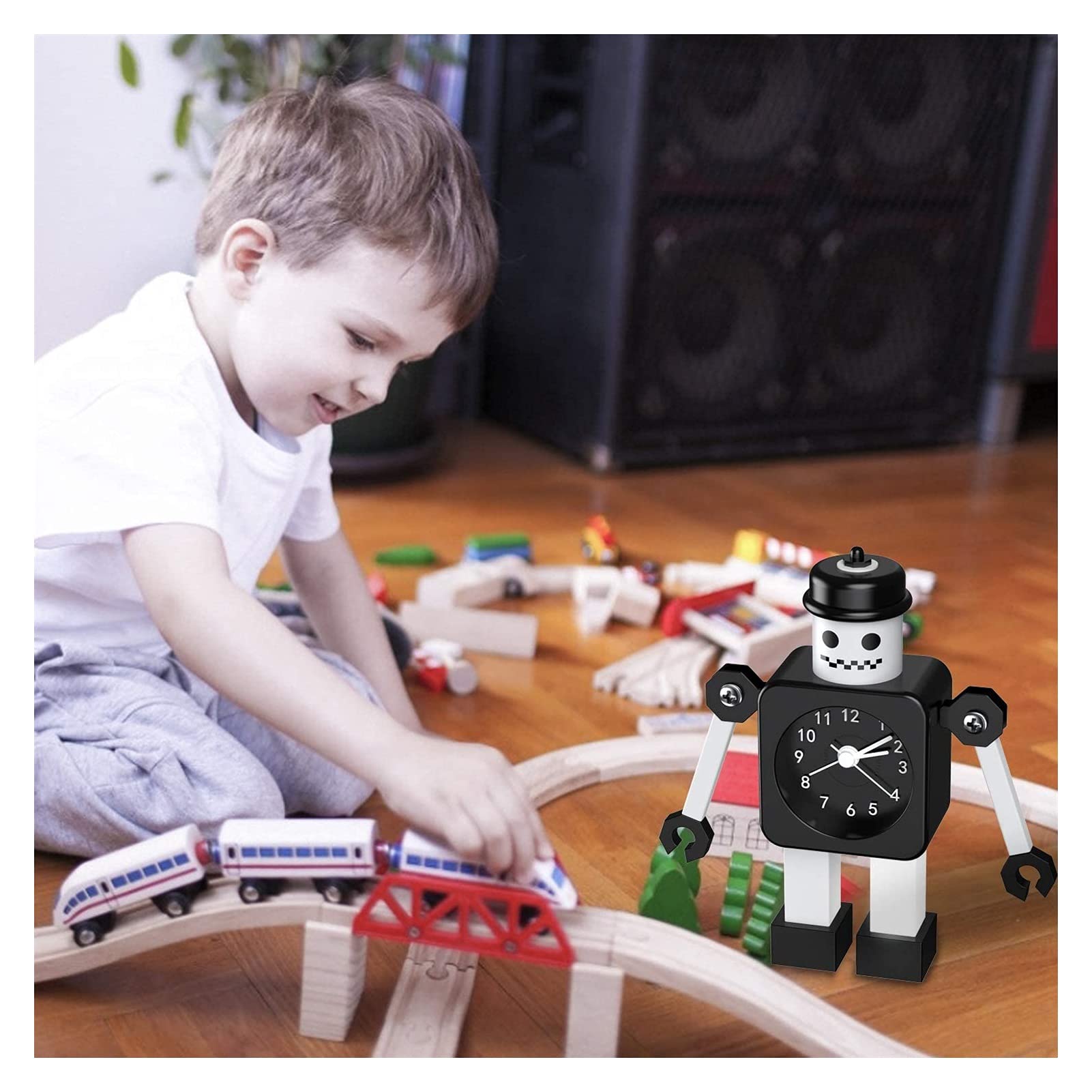 Budzik dla dzieci, robot budzik dzieci analogowy budzik bez tyknięcia cichego budzika dla chłopców dziewcząt, najlepszy prezent (niebieski) (Color : Black 2)