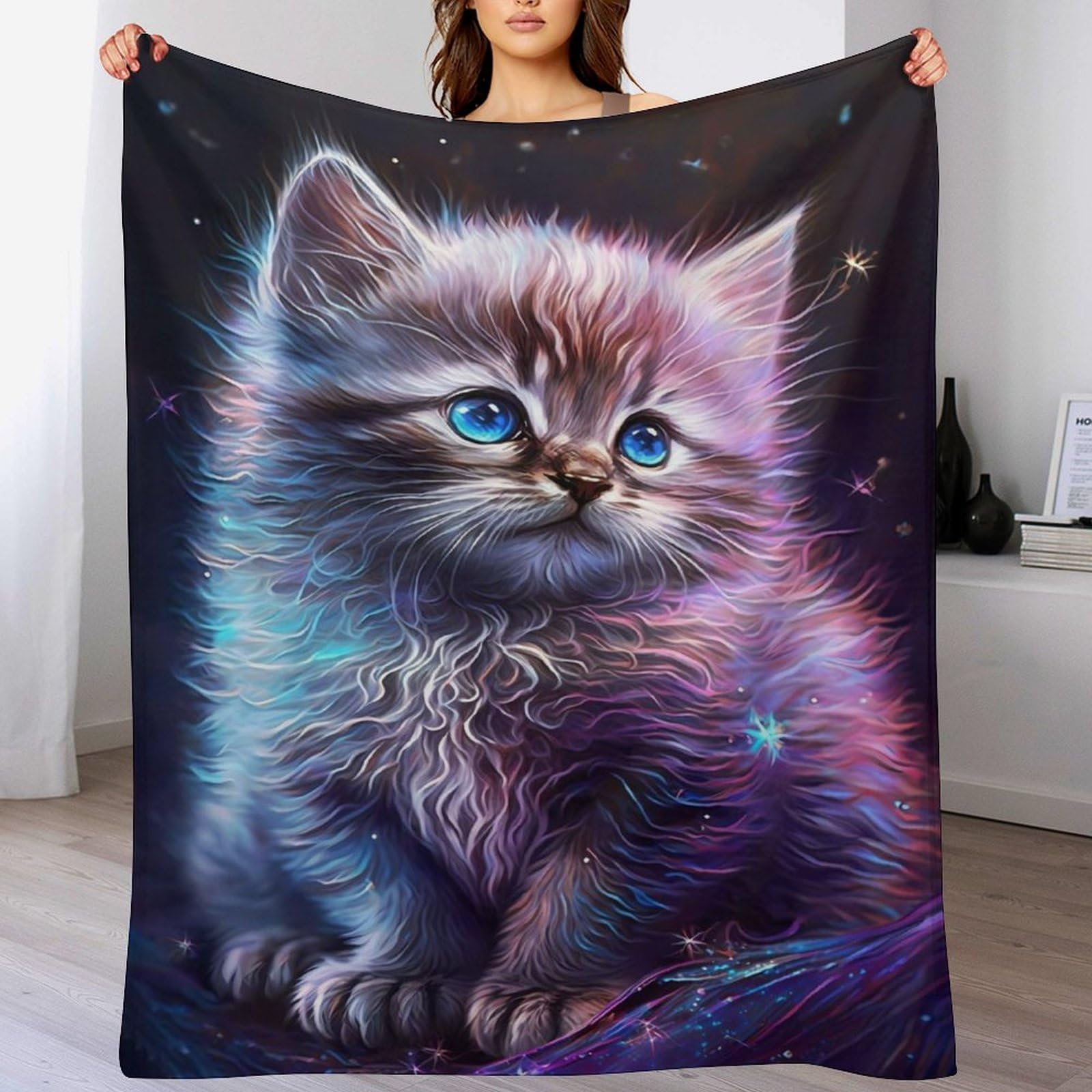 Couverture en chat mignon chaud en polaire pour lit et canapé de salon de dimension 180x200cm