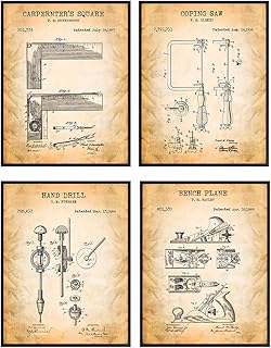 Woodworking Tools Patent Art Prints - Vintage Wall Art Poster Set - Chic Rustic Home Decor for Den, Rec, Game or Family Room, Office, Garage, Man Cave - Gift for Carpenter, Craftsman, -4-8x10 Photos
