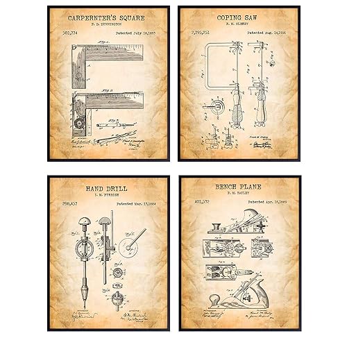 Woodworking Tools Patent Art Prints - Vintage Wall Art Poster Set - Chic Rustic Home Decor for Den, Rec, Game or Family Room, Office, Garage, Man
