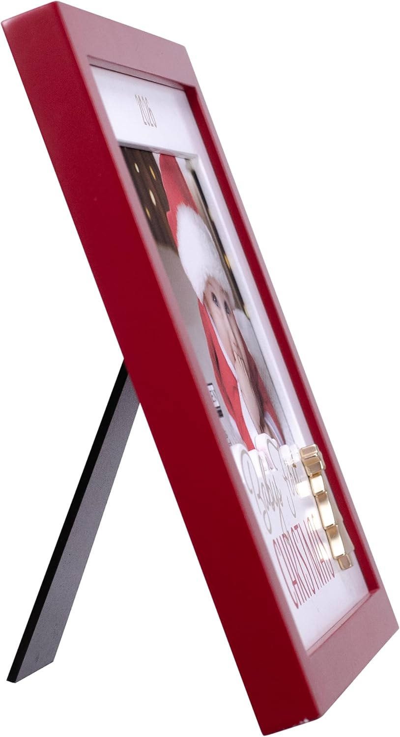 Malden International Designs 4 x 6 inch Baby’s First Christmas Picture Frame Quality MDF Wood Red Gold Accent and Gold Finished Tree Metal Attachment