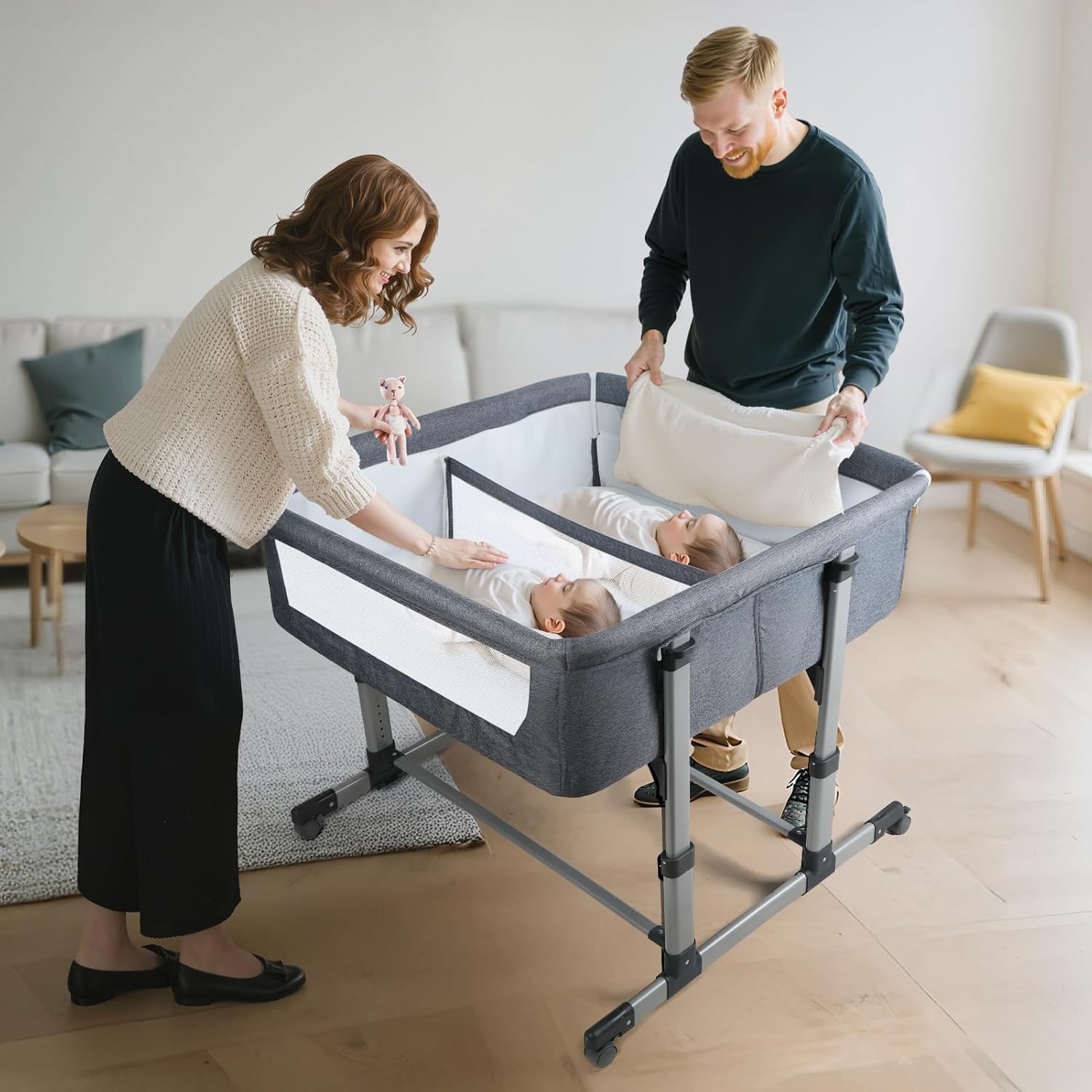 Twin Bassinet for 2 Babies, 6 Height Adjustable Crib Bedside Double Bassinet with Wheels and Mattress Crib Attaches to Bed, Holds up to 88lbs Dark Gray