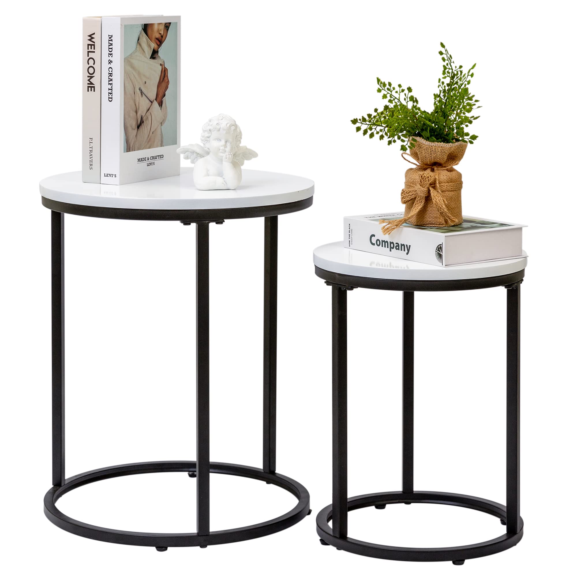 HAWOO Round Nesting Tables Set of 2 Wooden Black Side End Tables for Balcony Living Room Bedroom ...