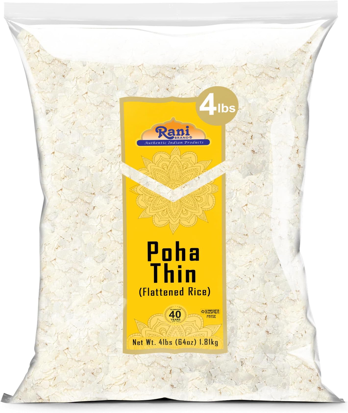 Rani Poha (Powa) Thin Cut (Flattened Rice) 64oz (4lbs) 1.81kg Bulk ~ All Natural, Salt-Free | Vegan | No Colors | Gluten Friendly | Indian Origin