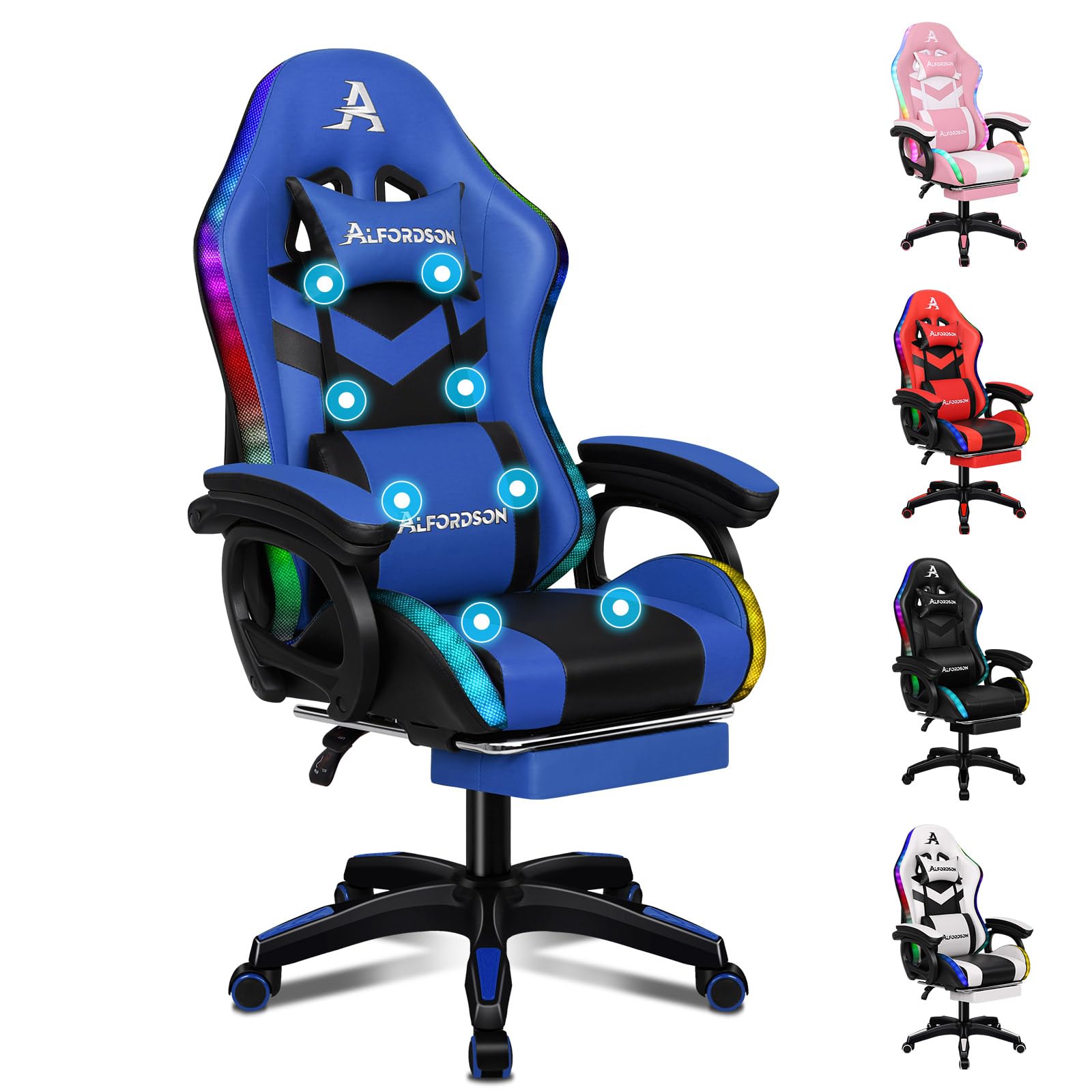 ALFORDSON Sedia Gaming Massaggiante con Luci LED y Poggiapiedi Blu | Poltrona Gamer in Similpelle Serie MARC, Cuscini schiena e lombare con massaggio, poggiatesta e supporto lombare