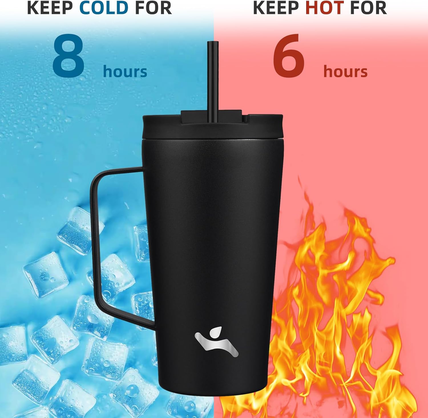 Insulated Tumbler with Handle and Straw, 18 OZ Travel Coffee Mug Stainless Steel Cup Metal Water Bottle,Black - Image 4