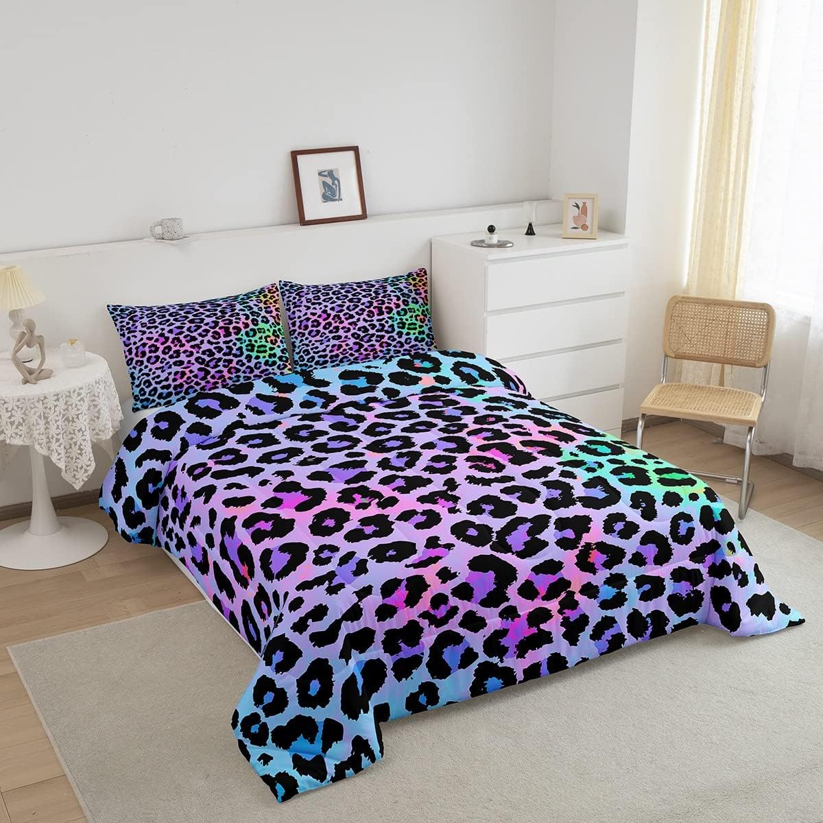 Erosebridal 7PCS Cheetah Print Comforter Set +Fitted Sheet+Flat Sheet+Pillow Cases, Purple Leopard Skin Bedding Set