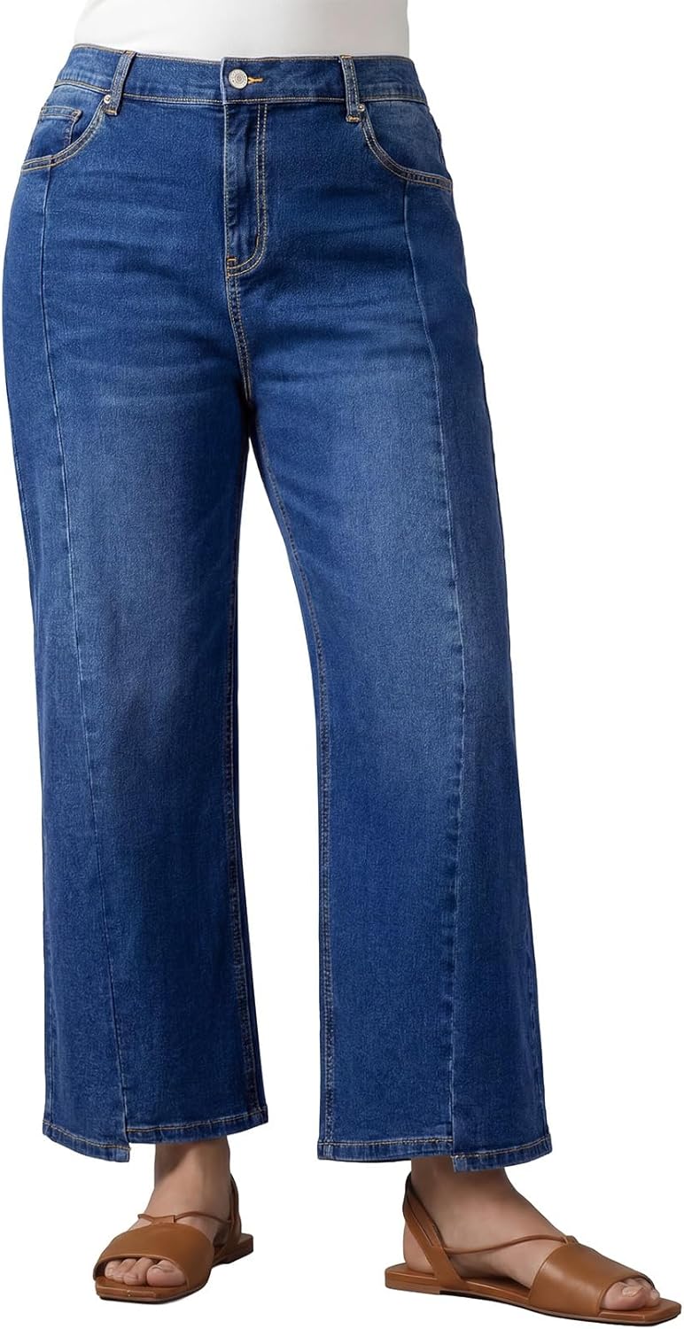Eytino Plus Size Wide Leg Jeans for Women Trendy High Waist Front Seam Casual Stretchy Ankle Denim Pants with Pockets(1X-5X)