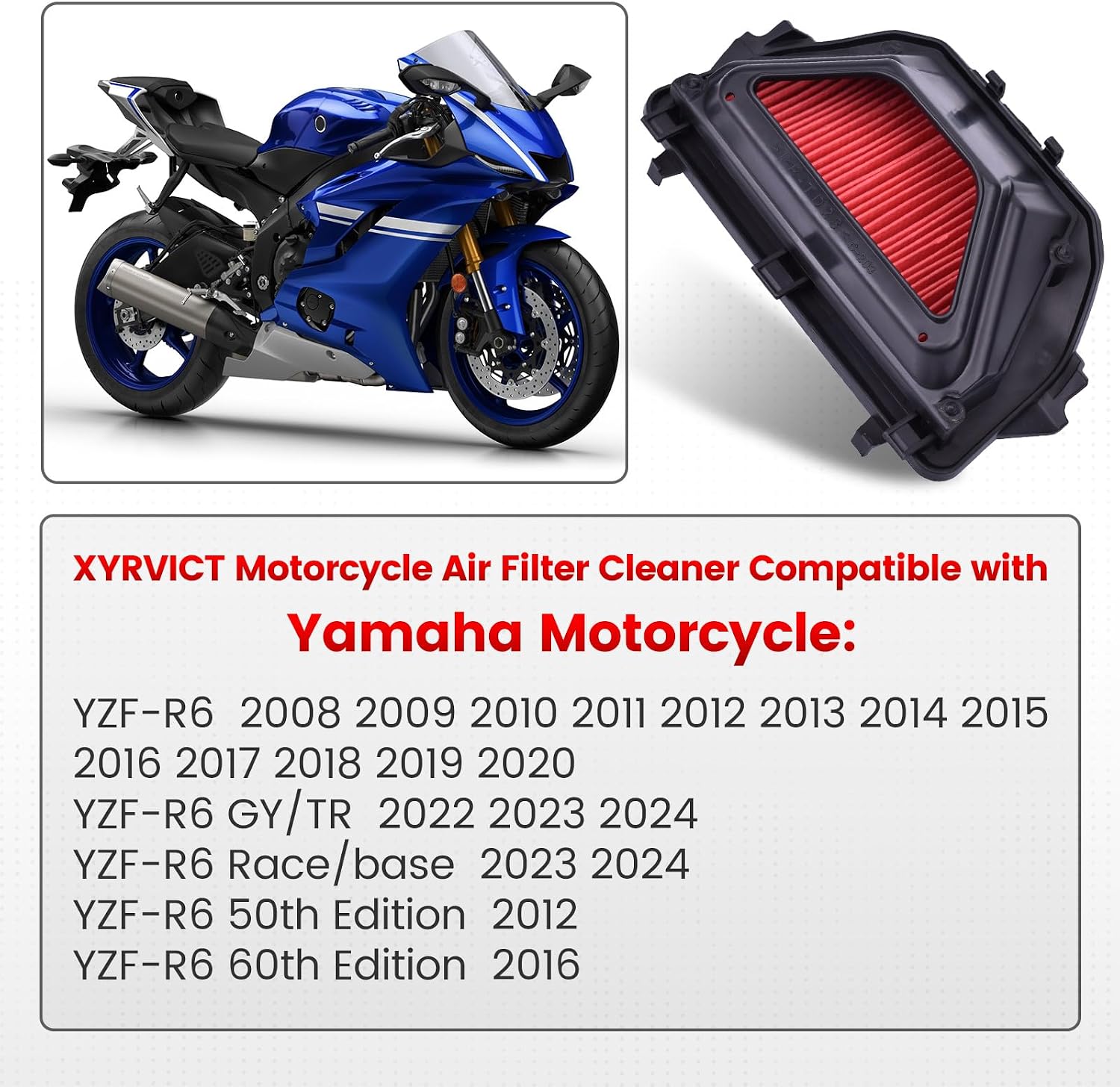 Air filter for Yamaha YZF-R6 2008 2009 2010 2011 2012 2013 2014 2015 2016 2017 2018 2019 2020 YZFR6, 13S-14450-00 13S-14450-20 Air Cleaner Element