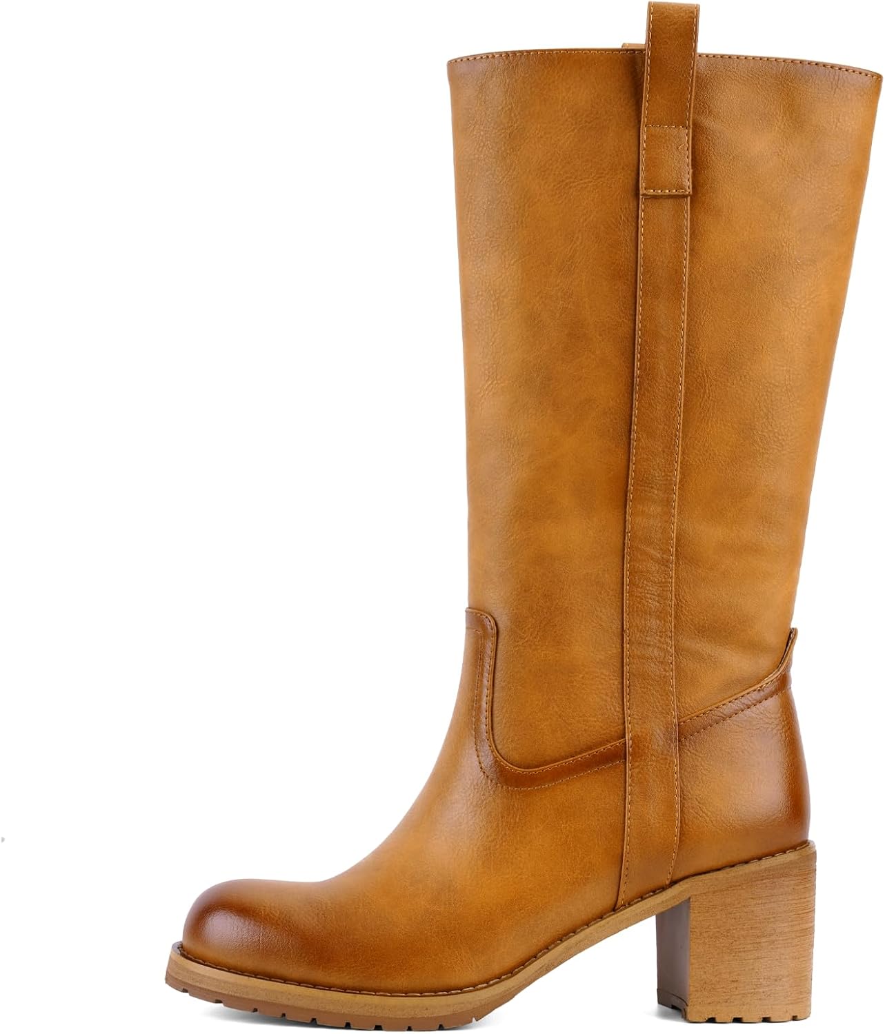 Women's Knee-High Boots Round Toe Mid Calf Chunky Block Low Heel Pull on Soft Leather,with Comfortable or Fall Winter Fashion - Image 4