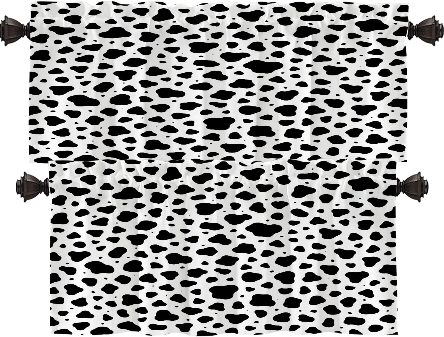 Shrahala Dalmatian Spots Kitchen Valances, Fur Horizontal Black Chaotic Spots Cartoon Half Window Curtain Window Treatment Multilayer Polyester Blackout for Living Room Bathroom 2 Pack 52 x 16 in