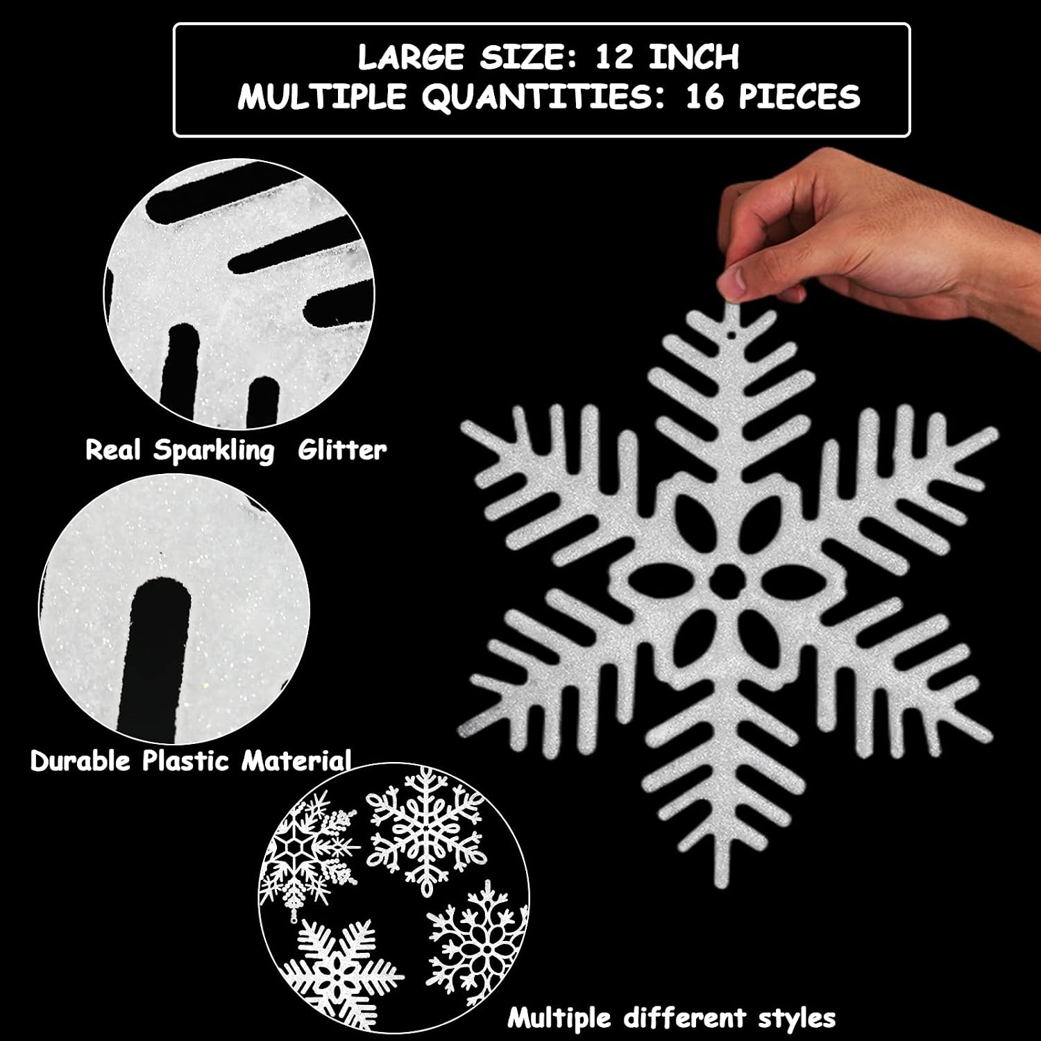 16PCS Large White Snowflakes Christmas Ornaments 12'' Sparkling Outdoor Christmas Tree Snowflakes Giant Plastic Glitter Hanging Ornaments Xmas Holiday Winter Indoor Window Decorations, White 4 Styles