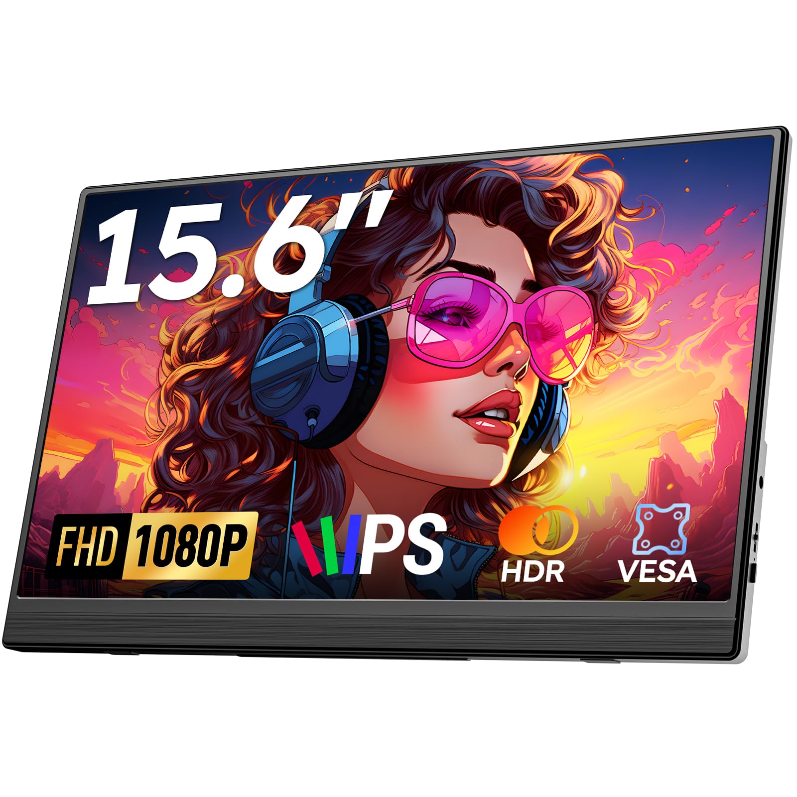Omiodo Portable Monitor 15.6" 1080P FHD HDR IPS | Built-in Stand, USB-C/HDMI, VESA & Speakers | Ultra-Slim Travel Design, Plug & Play for Laptop, Mac, PS5, Xbox & Switch