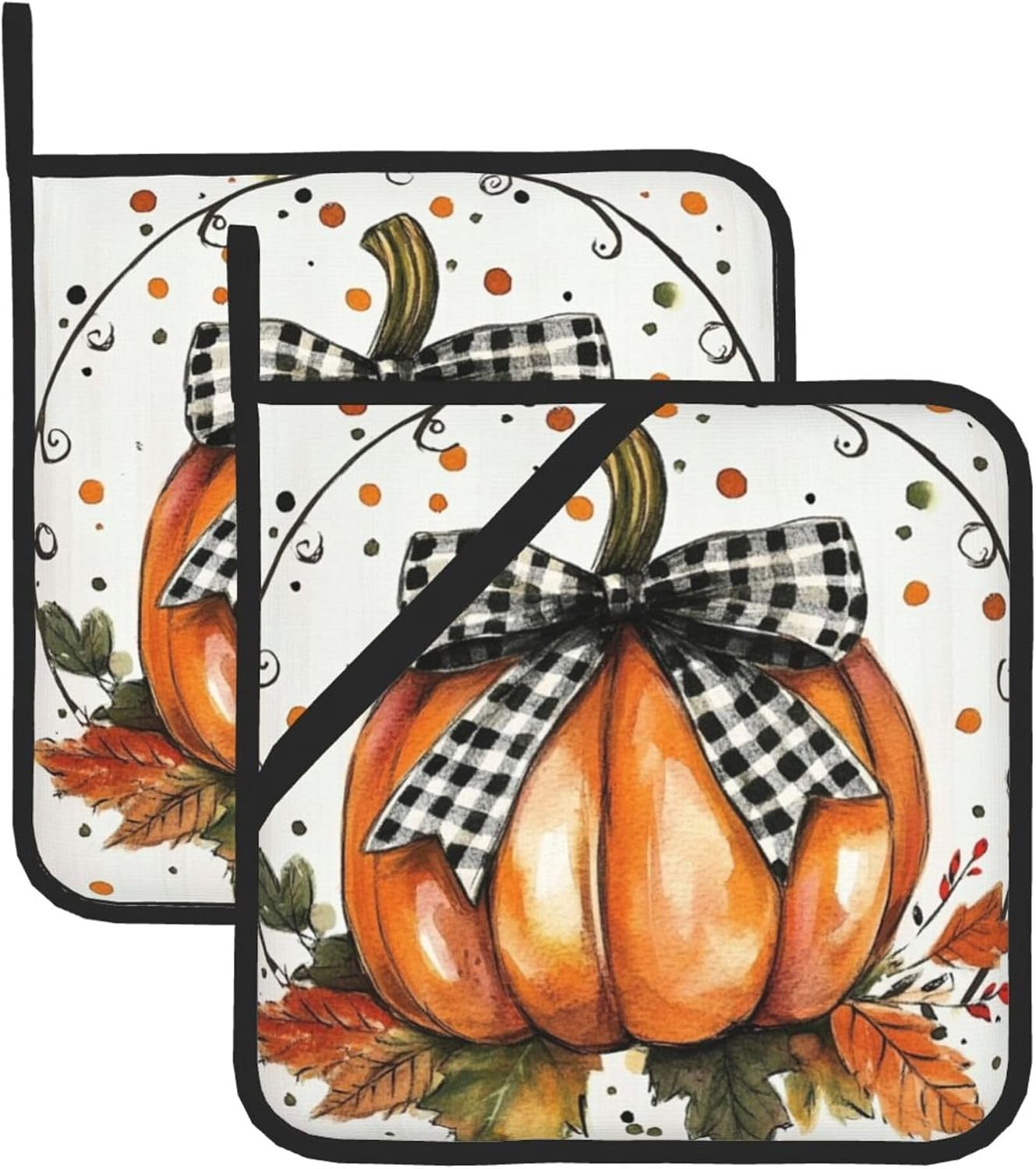 Orange Polka Dots Fall Pumpkin Pot Holders Set of 2 Maple Leaves Kitchen Decorative Heat Resistant Potholder Cotton Lining Oven Hot Pads for Cooking Baking Microwave BBQ Holiday Decors