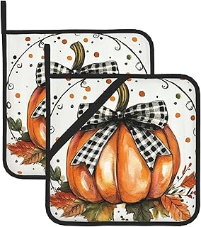 Orange Polka Dots Fall Pumpkin Pot Holders Set of 2 Maple Leaves Kitchen Decorative Heat Resistant Potholder Cotton Lining Oven Hot Pads for Cooking Baking Microwave BBQ Holiday Decors
