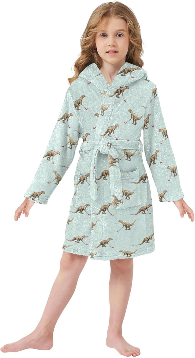 Dinosaur Hockey Sports Bathrobe Hooded PJ Robe Soft Fleece Robe Pajama Sleepwears 2-12 Years