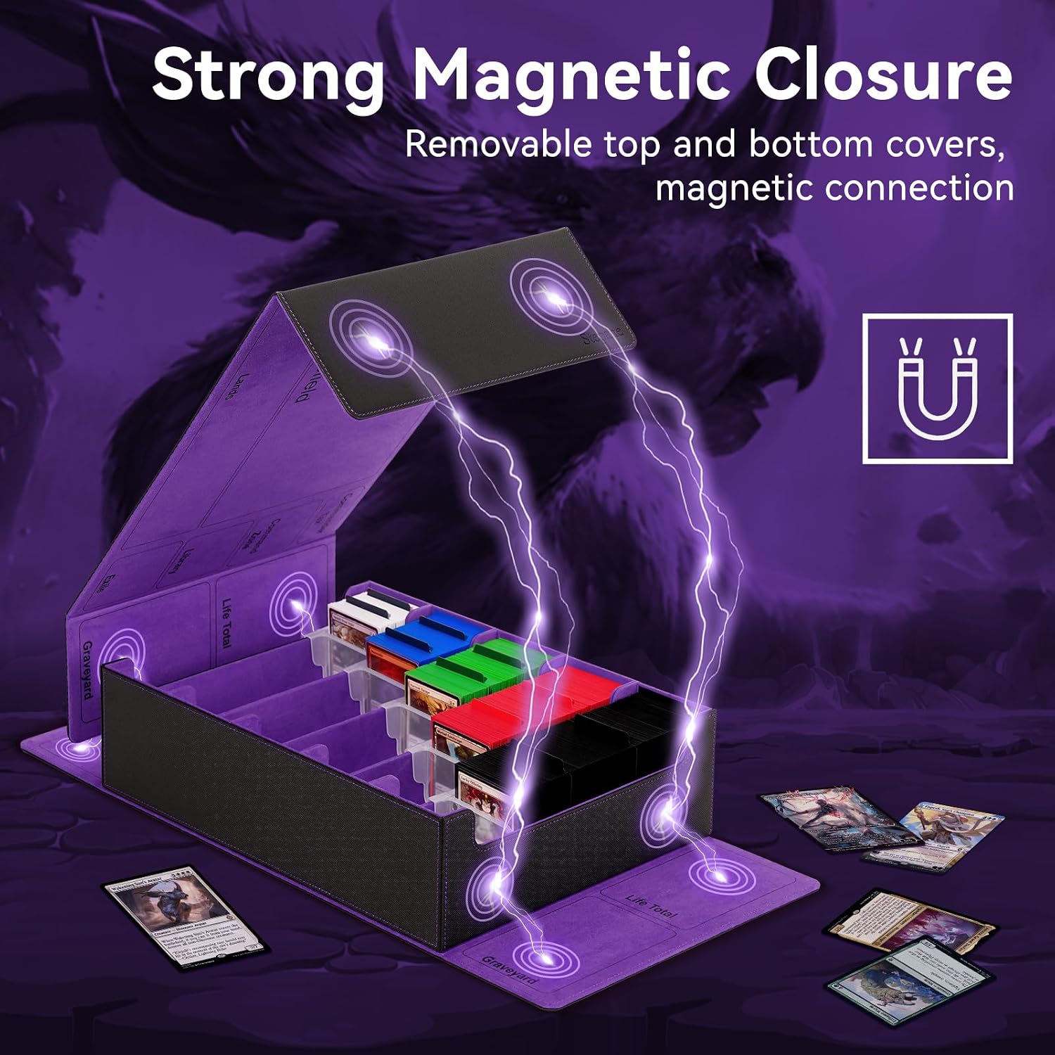 5 Row Trading Card Storage Box, 3800+Bulk Card Organizer Box with 20 Dividers & 5 Supporters, Graded Card Deck Box for YuGiOh, MTG, TCG with Double Lid Black/Violet image 4
