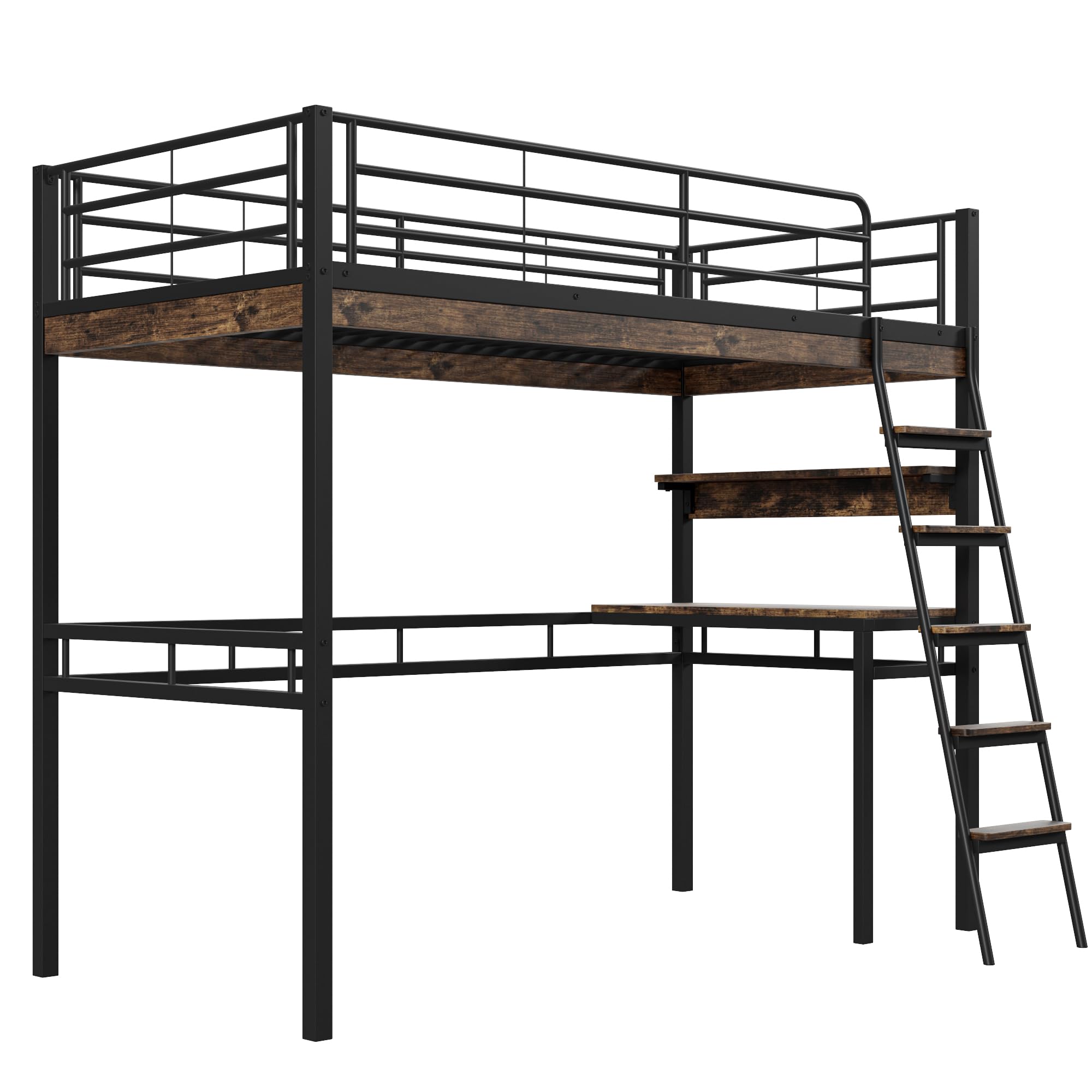 Letto a soppalco con scrivania, mensole, ringhiera, scala, telaio in ferro, nero, 90 x 200 cm (senza materasso)